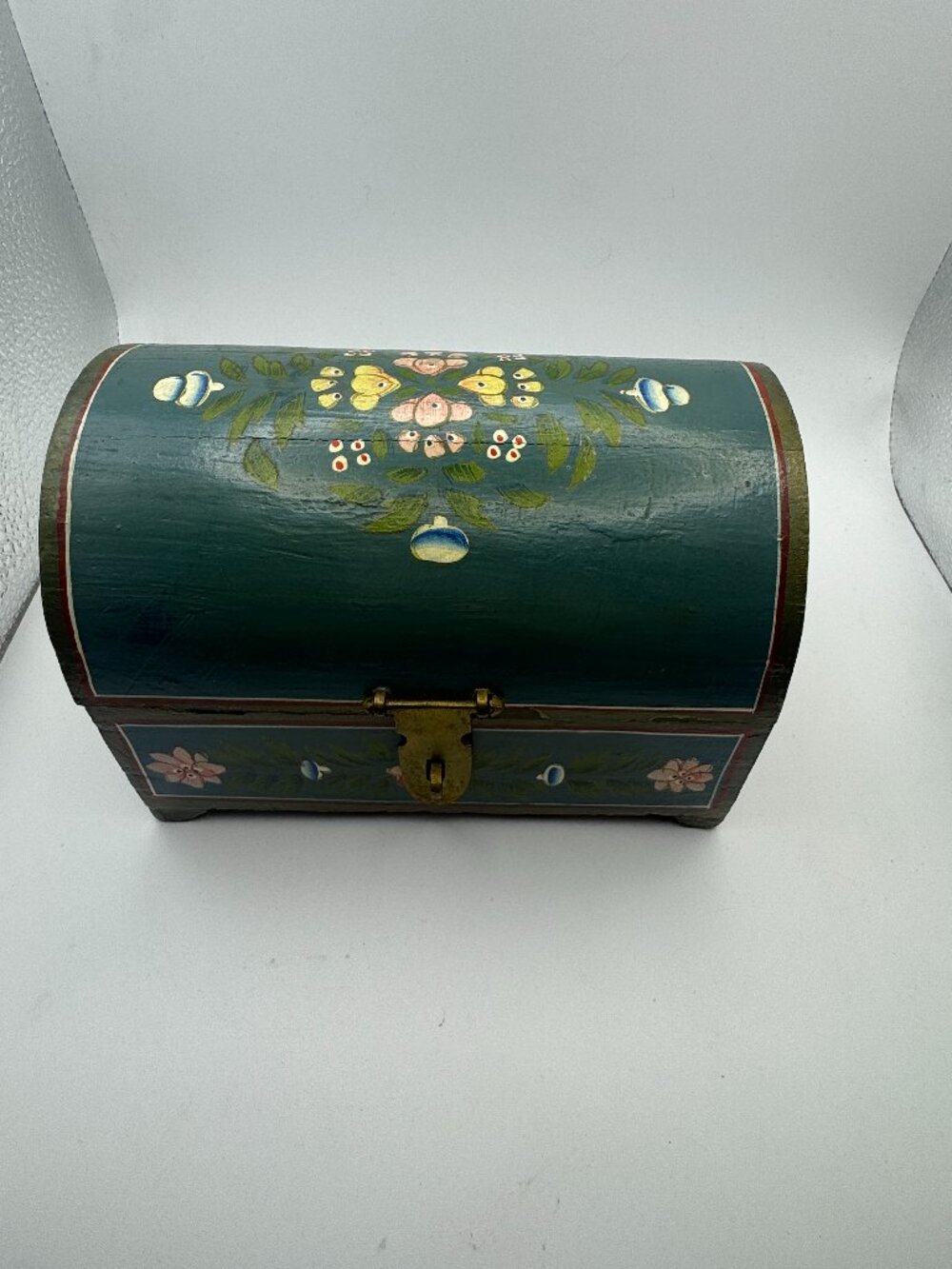 Vintage Hand Painted Wooden Trinket Box Floral Dome Top India Keepsake Chest